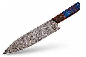 Cuchillo de Cocina Artesanal de Acero de Damasco con Resina Azul Voluteada y Mango de Madera - Product Image 4