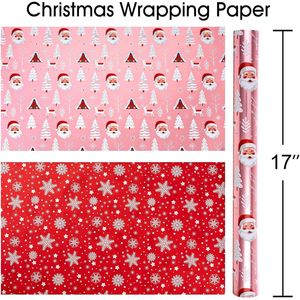 Carta da Regalo Natalizia Rosa con Design Babbo Natale e Foresta Innevata, Reversibile e Lucida con Lamina Metallica per Confezioni Regalo Festive - Product Image 1