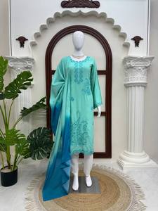 Ensemble Salwar Kameez brodé pour femme en rayonne lourde, avec Kurta à points de chaînette, Palazzo et Dupatta, infroissable, tenue ethnique - Product Image 4