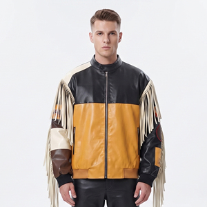 Vestes en cuir à franges pour hommes avec fermeture éclair, vestes en cuir à franges pour hommes avec col montant, veste en cuir véritable à franges tendance pour hommes - Product Image 1
