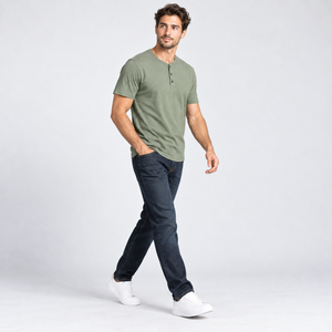 <b>Men's</b> Solid Color Short Sleeve <b>Henley</b> T-<b>Shirt</b> Regular Fit Casual Woven O-Neck Green 100% Cotton Anti-Wrinkle Breathable - Product Image 3