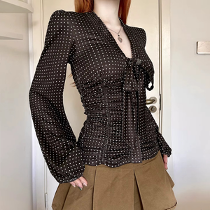 <b>Satin</b> Plain Dyed Solid Vintage Woven Breathable Eco-Friendly <b>Blouse</b> Long Sleeve with Front Bow Women Two Tone Daily Life Casual - Product Image 3