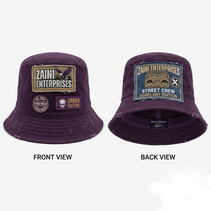 Premium 280 GSM Cotton Twill Men Bucket Hat Washed Eggplant Color Custom Woven Patch Embroidery Heat Transfer OEM ODM - Product Image 1