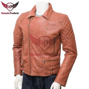Veste en cuir véritable marron pour homme, coupe ajustée, style motard, matelassée, en cuir de vachette, vintage, effet vieilli, personnalisée, classique, vêtement d'extérieur - Product Image 2