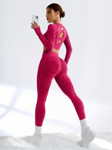 Seamless Two Piece Fitness Outfit Thumbhole Performance Shirt and High Rise Ruched <b>Booty</b> Lifting Compression Workout Tights - Product Image 6