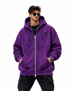 Sweat à capuche zippé pour homme, violet, effet vieilli, coupe oversize, style vintage, déchiré, en polaire, streetwear, avec poches - Product Image 1