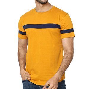 Men's Yellow Short Sleeve <b>T</b>-<b>Shirt</b> With Navy Blue Striped Contrast Trim O-Neck Casual Knitted Style - Product Image 1