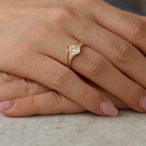 Asscher Cut Diamond Hexagon Ring 14K Gold Prong Setting Classic Engagement Band Women's Fine Jewelry - Product Image 4