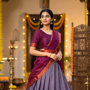 Lehenga Choli de Algodón y Seda con Borde en Contraste, Diseño Acampanado, Patrón Tejido Tradicional, Dupatta a Juego, para Fiestas y Diwali - Product Image 4