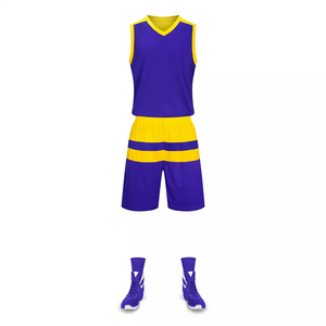 Conjunto de uniforme de baloncesto morado y amarillo, sin mangas, con cuello en V, poliéster que absorbe la humedad, unisex para adultos, para todas las estaciones - Product Image 4