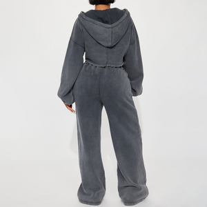 High Quality Casual Two-Piece Women's Winter Sports Wear <b>Set</b> Solid Pattern Acid Wash Joggers & Hoodie Top Zipper Rhineston <b>Sets</b> - Product Image 2