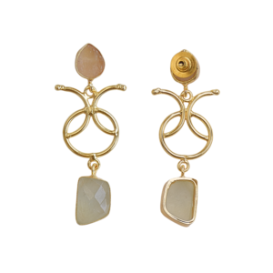 Boucles d'oreilles pendantes plaquées or avec double pierre en quartz rose semi-précieux et calcédoine rose-blanc, bijoux en pierres précieuses naturelles - Product Image 3