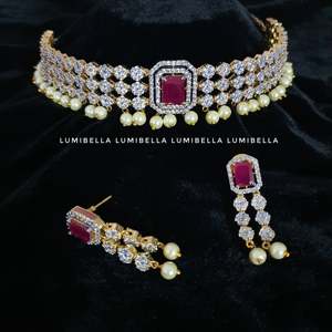 Gold Plated Statement Choker <b>Necklace</b> with <b>Ruby</b> and Pearls Fashion Jewelry Set - Product Image 3