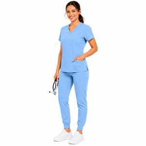 Women Scrub <b>Set</b> V Neck Short Sleeve Top Cuffed Jogger Pants Solid Color Medical Uniform Hospital Wear Blue - Product Image 5
