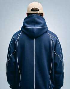 ONETEN APPARELS <b>Mens</b> Navy Oversized <b>Hoodie</b> Contrast Stitching Embroidered French Terry Pullover Sweatshirt Anti-Pilling Acid - Product Image 2