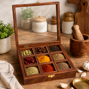 Wooden <b>Spice</b> Box with Compartments | Masala Herb Seasoning Organizer | Durable Kitchen Storage Container | Traditional Cooking - Product Image 2