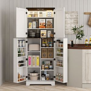 Armoire de cuisine blanche de 64 pouces de hauteur avec éclairage à détecteur de mouvement, étagères à épices et étagères réglables - Product Image 3