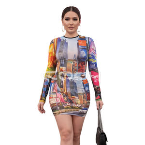 Conjunto de 2 piezas con estampado de paisaje urbano de Times Square para mujer, mono de manga larga con cuello simulado y minifalda - Product Image 2