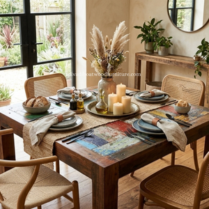 Table à manger DIVADI, modèle carré à pieds fixes, patchwork, bois de bateau recyclé, design durable, écologique, pour intérieur et extérieur - Product Image 6