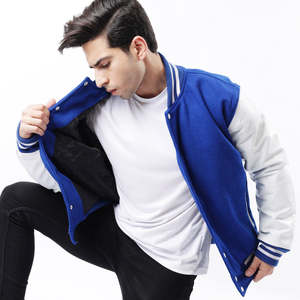 Veste de sport en laine bleue pour homme avec manches en cuir marron, col rabattu, vêtement décontracté pour l'automne - Product Image 5