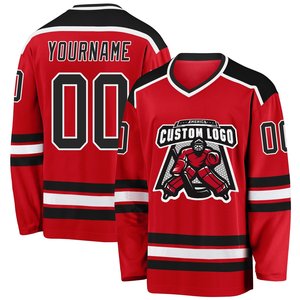 Maillot de hockey sur glace rouge à col en V et manches longues avec rayures noires et blanches, logo personnalisé imprimé, vêtements de sport pour équipes Facto - Product Image 2