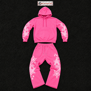 Conjunto de sudadera con capucha y pantalones deportivos con estampado de estrellas rosas para hombre, conjunto de dos piezas a juego, estilo urbano, en oferta - Product Image 5