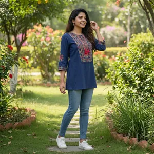 Women <b>Navy</b> Blue Embroidered Tunic <b>Top</b> Three Quarter Sleeve Loose Fit Ethnic Casual Blouse Floral Print Everyday Indian Fashion - Product Image 4