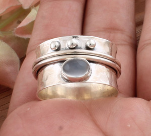 Natural Aquamarine Bezel Setting Dotted <b>Spinner</b> <b>Ring</b> <b>925</b> <b>Sterling</b> <b>Silver</b> Handmade Boho Jewelry for Party Occasions - Product Image 1