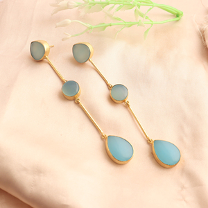 Natural blue chalcedony dangle drop <b>earring</b> brass metal 18k gold plating long hanging dangle <b>earring</b> for women - Product Image 6