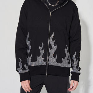 Custom French Terry Hoodie <b>Black</b> <b>Plain</b> Rhinestones <b>Men</b> Thick Full Zip up <b>Sweatshirts</b> - Product Image 2