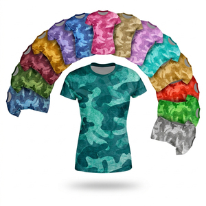 T-shirt de yoga camouflage bleu pour femme, manches courtes, séchage rapide, respirant, fitness, gym, entraînement, design de logo personnalisé - Product Image 1