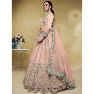 Dusty Pink Foil Work <b>Net</b> Bridesmaid Lehenga Choli-Plus Size Satin & Organza Party Wear - Product Image 5