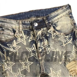 Jeans de Mezclilla para Hombre BLOODLINE, Corte Recto, Desgastados, Cintura Alta, Ajustados, de Algodón, Estilo Casual de Verano, con Estampado de Estrellas - Product Image 2