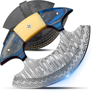 Cuchillo Ulu de acero de Damasco hecho a mano - Cuchillo Ulu con funda de cuero - Cuchillos multiusos para cortar pizza - Product Image 1