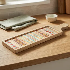 Wooden Printed Serving Platter Handmade Mango Wood <b>Snack</b> <b>Tray</b> with Handles Decorative Appetizer Serving <b>Tray</b> for Kitchen Dining - Product Image 6