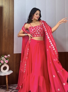 Conjunto de Lehenga Rosa Bordado, Blusa de Georgette, Dupatta, Falda de Terciopelo, Traje de Fiesta y Boda Estilo Bollywood para Mujer - Product Image 5