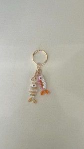 Handmade Pink Orange Gold Beaded Fish Bag Charm <b>Keychain</b> - Product Image 3