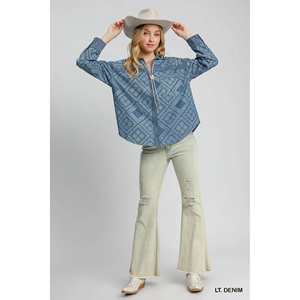 Umgee Veste chemise en jean à imprimé cachemire pour femme - Product Image 1