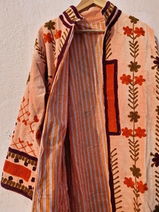 Suzani Embroidered Velvet Quilted Long Hooded <b>Jacket</b> | Reversible Boho Floral Handmade Ethnic Festival & <b>Wedding</b> Wear - Product Image 6