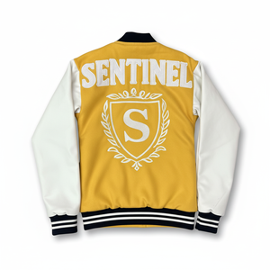 เสื้อแจ็คเก็ตวาร์ซิตี้ Sentinel สำหรับผู้ชาย สีเหลือง สไตล์ Preppy ปักโลโก้ พร้อมแขนหนังหลากสี - Product Image 2