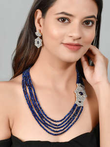 Parure de bijoux de fête classique pour femme, plaqué or bleu saphir, style indien, long collier Rani Haar, boucles d'oreilles, pour mariée - Product Image 1