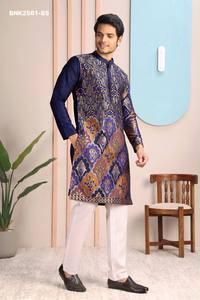 Vêtements de cérémonie en soie haut de gamme avec motifs tissés d'éléphants et de fleurs, et ensemble kurta et pyjama pour homme à manches longues – Vente en gros - Product Image 2