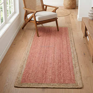Tapis d'intérieur en jute tressé à la main, rectangulaire, motif géométrique, bordure colorée Chindi, écologique, à poils plats, pour salon - Product Image 4