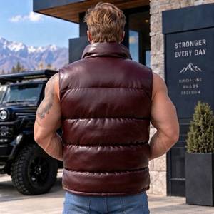 Men's Genuine Sheep Leather Puffer Vest Breathable Autumn Windproof Zipper Closure Striped/Plaid/Plain Pattern Custom <b>Waistcoat</b> - Product Image 4