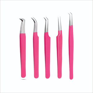 Ensemble de pinces professionnelles en acier inoxydable pour extensions de cils, logo personnalisé, rose vif, isolation volume, 5 pièces, courbées et droites - Product Image 1