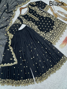 Cousu Sharara Gharara indien broderie travail traditionnel ethnique 3 pièces ensemble Georgette soie hiver été mariage Diwali - Product Image 2