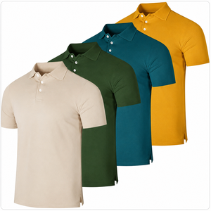 เสื้อโปโลผู้ชายแขนสั้นสีพื้นผ้าถักแบบลำลองติดกระดุมทรงปกติ - Product Image 1