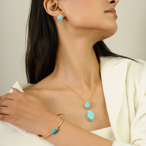 ต่างหูแบบติดหูทรงไม่สมมาตรประดับเทอร์ควอยซ์และเพชรทรงรัศมี ดีไซน์สวยหรู สำหรับคนเกิดเดือนธันวาคม ผลิตตามสั่งจากโรงงาน ทองคำ 14K สีเหลือง - Product Image 6