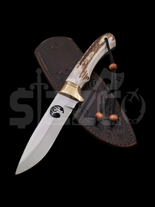 Couteau de chasse OEM Wirecut en acier Damas, couteau à dépecer, lame fixe avec manche en agneau, couteau de camping et d'extérieur EDC avec étui en cuir - Product Image 6