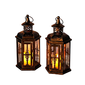 Modern Farmhouse Black Metal Hanging <b>Lantern</b> <b>Set</b> Of 2 Elegant Moroccan Style Iron and Glass Pillar Candle Holder For Indoor - Product Image 4